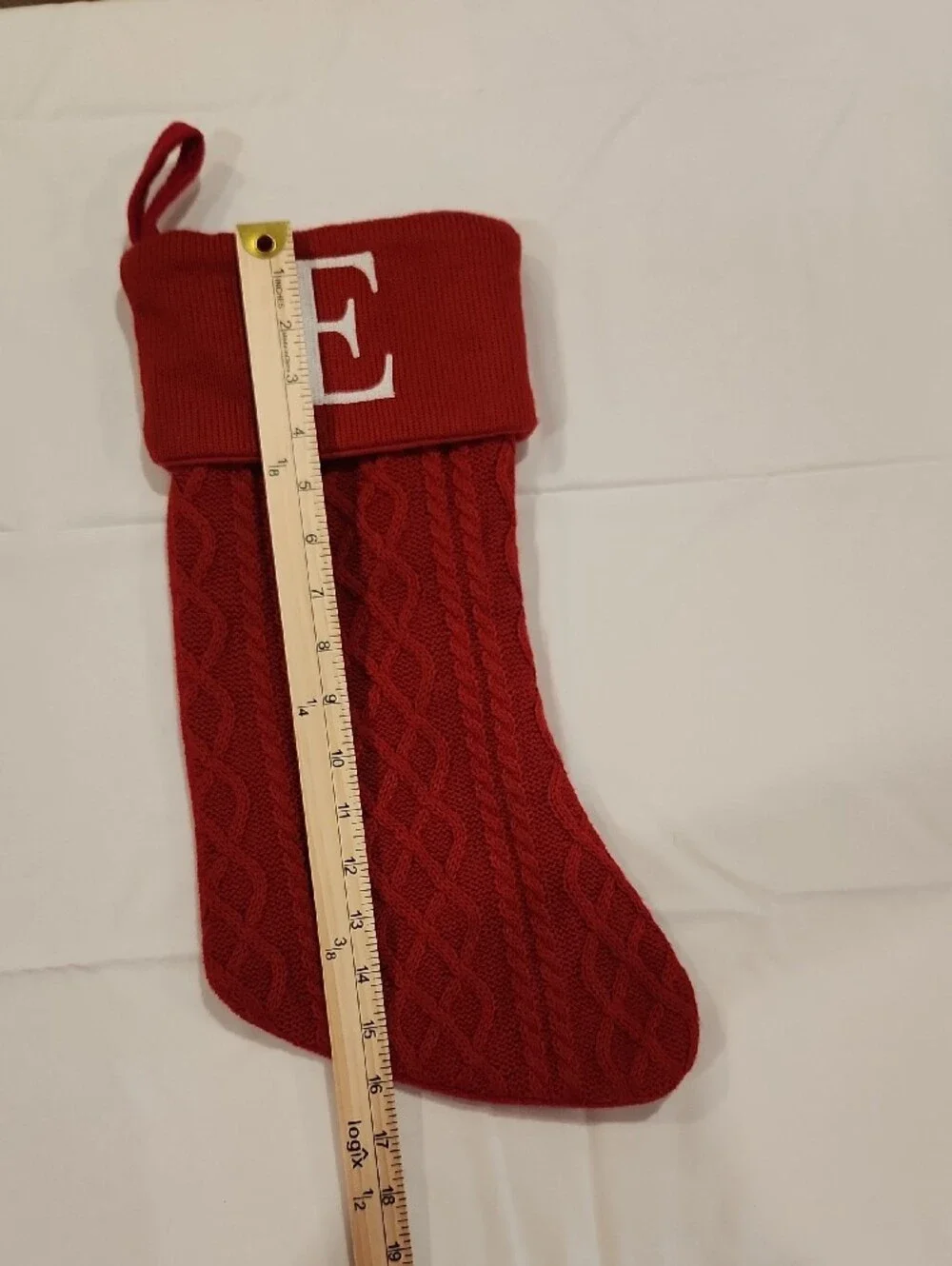 Red Knit stocking with Monogram E